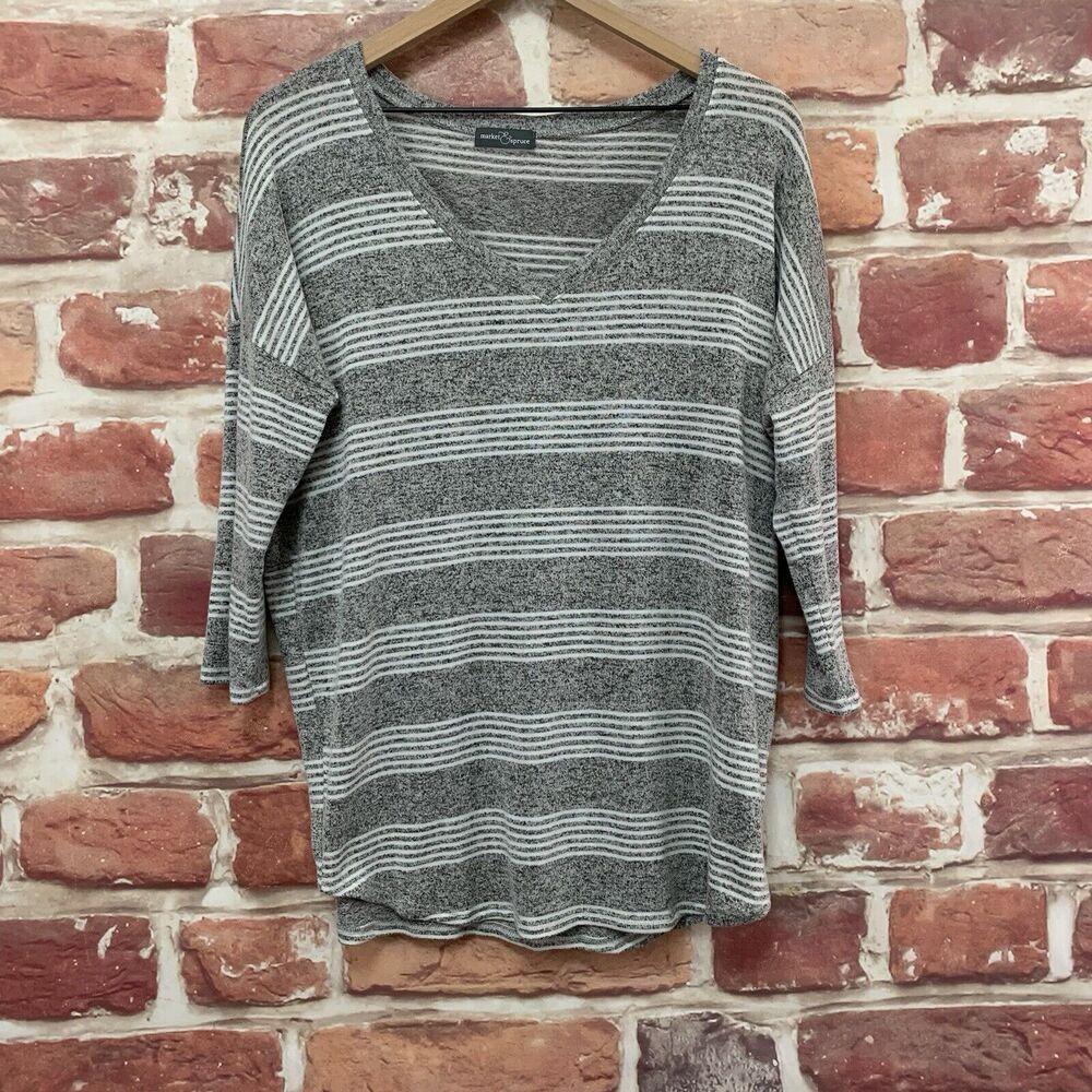Market & Spruce Top Women's XL Heather Gray Striped Knit Casual Popover